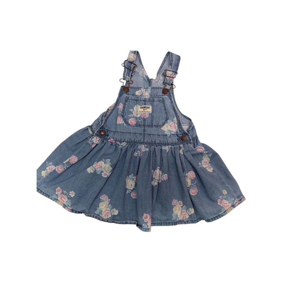 OshKosh B'gosh Denim Overall Dress Toddler 24M Blue Floral Rose Print Bib Jumper